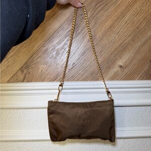 Prada Brown Nylon Clutch with Gold Chain Authentic